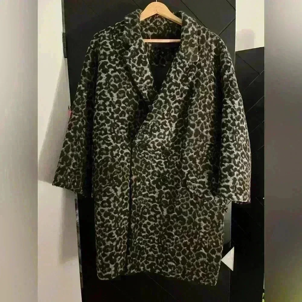 Coach leopard print wool-blend double breasted coat size small